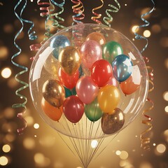 Vibrant multicolored balloons inside a clear bubble balloon with festive streamers and bokeh lights