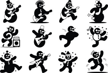 Rock & Roll Snowman Icon Set Guitar Snowman Retro Icon Pack