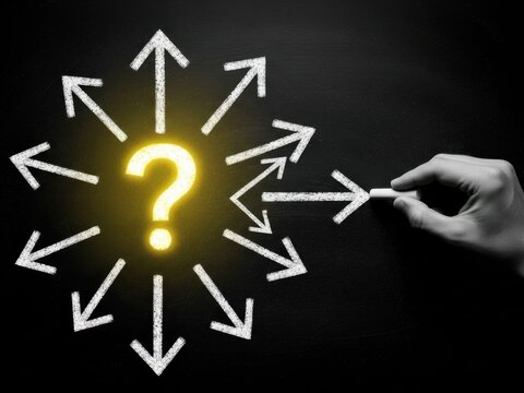 Hand drawing an arrow pointing towards a glowing question mark surrounded by many directional arrows on a dark chalkboard surface, symbolizing choice and decision making - Powered by Adobe