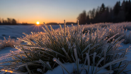 Serene winter sunset over frosted grass field capturing the peaceful outdoors