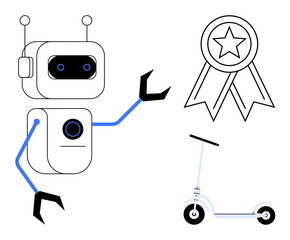 Robotics, artificial intelligence, sustainable transport, electric mobility, innovation, modern technology. A robotic figure gestures to a star badge and scooter. Robotics and sustainable transport