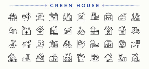 Set of Green House line icon. Pictograms of nature, global, earth, house, ecology and more. Minimal icons pack. Global icon set in linear style. Editable vector.