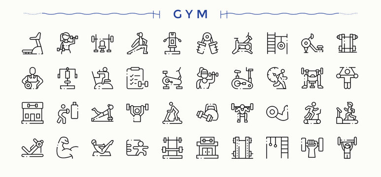 Gym linear icon set. Isolated icons. Pictograms of sport, health, bodybuilding, athletic, fitness. Editable stroke. Vector collection. Exercise related icon set.