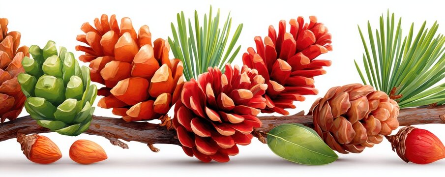 Colorful pine cones on a branch with green needles for rustic holiday and nature themes - Powered by Adobe