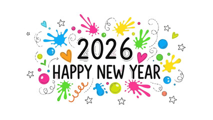 Happy new year 2026 with colorful paint splatters hearts stars and playful doodles on white background