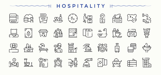 Hospitality icon set. Vector outline icons collection. Editable vector stroke. Hostel icon set. Contains such icons as host, reception, restaurant, hotel, motel and more.