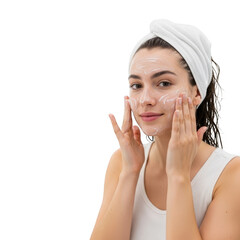 Woman applying face cream with a towel on her head isolated on transparent background