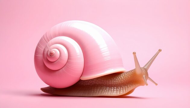 Pink shelled snail rests on vibrant pink surface snail with striking pink shell on complementary pink backdrop
