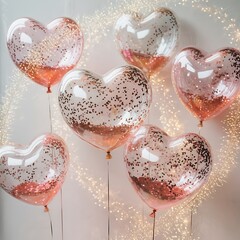 Romantic heart shaped balloons filled with rose gold confetti floating against a softly lit background