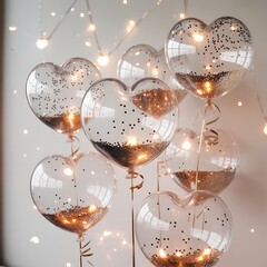 Sparkling heart shaped clear balloons filled with confetti and rose gold glitter float against a bokeh background