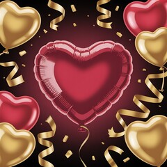 Festive heart shaped balloons and golden ribbons create a romantic celebration background