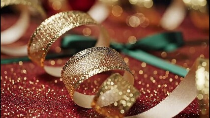 Sparkling gold ribbons elegantly curled on a vibrant red glitter background, perfect for festive occasions