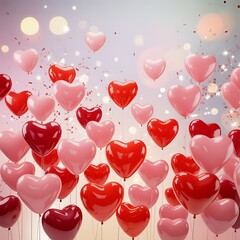 A shower of red and pink heart shaped balloons floating upwards against a bokeh background