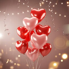 Romantic bouquet of red and pink heart shaped balloons with bokeh lights for valentine s day celebration