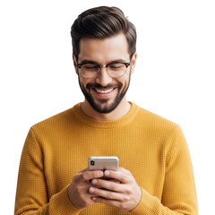 Man in yellow sweater looking at smartphone isolated on transparent background