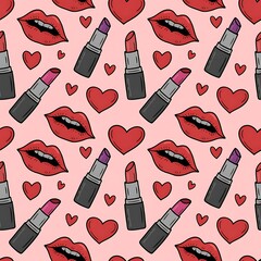 Vibrant seamless pattern of red lipstick tubes and stylized red lips on a soft pink background