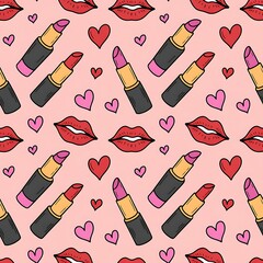 Seamless pattern of red lipstick tubes and pink hearts on a soft pink background