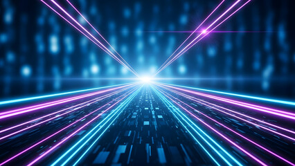 Futuristic digital fiber optic tunnel with neon light beams and abstract technology background
