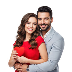 Happy couple embracing holding red heart isolated on transparent background