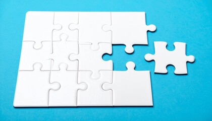 White Jigsaw Puzzle with One Piece Missing on Bright Blue Background Problem Solving and Completion