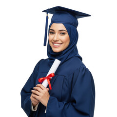 Smiling muslim graduate in cap and gown holding diploma isolated on transparent background