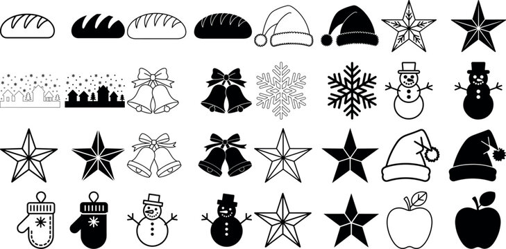 Black and white line art and solid icons for winter holidays food and seasonal elements vector illustration