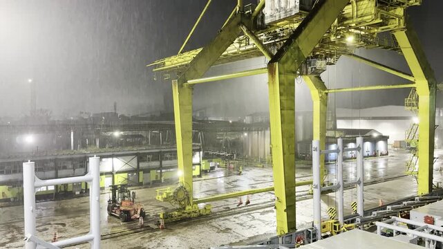 Night view of a large heavy-lift port crane standing on a rainy harbor quay. Industrial port equipment, cargo handling infrastructure and maritime logistics in wet weather conditions.