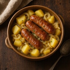 A rustic Irish-style stew with browned sausages, tender potatoes and caramelised onions served in an earthenware bowl on a wooden table, warm hearty comfort food
