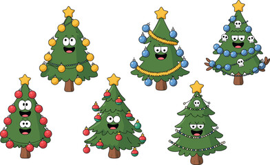 Cartoon Christmas tree set with expressive faces and festive decorations for holiday, humor, and seasonal celebration themes.