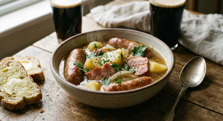 Traditional Dublin coddle with sausages, potatoes and bacon in a warm broth, served with buttered bread and stout beer on a rustic wooden table, comforting Irish pub meal