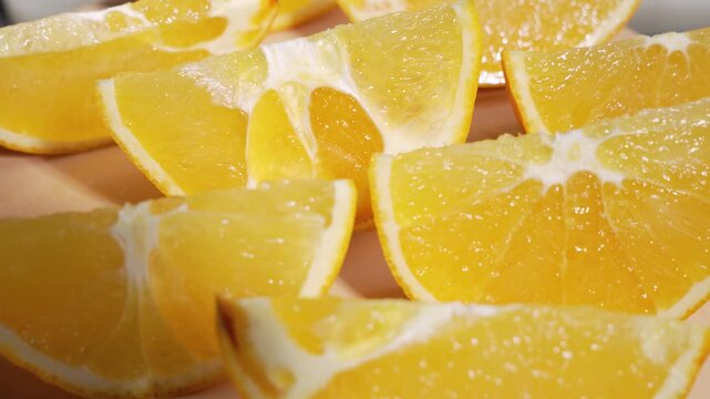 Orange wedges rotate in a tight macro composition. Glossy juice and white pith create a fresh snack and food prep look.