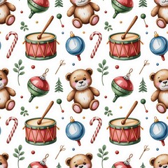 Charming watercolor seamless pattern of teddy bears drums candy canes and christmas ornaments for festive designs