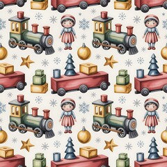 Whimsical watercolor christmas pattern featuring toy trains dolls gifts and ornaments on a snowy background