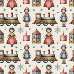 Charming vintage watercolor seamless pattern of classic toys including dolls trains and building blocks