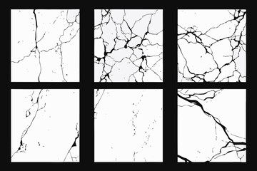 Collection of six realistic black ink shattered glass cracks on white background