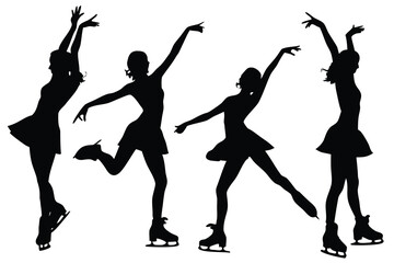 Four silhouettes of female figure skaters performing graceful poses on ice