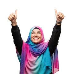 Woman in colorful hijab gives two thumbs up isolated on transparent background