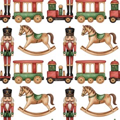 Whimsical christmas pattern featuring nutcrackers rocking horses and toy trains in festive red and green colors