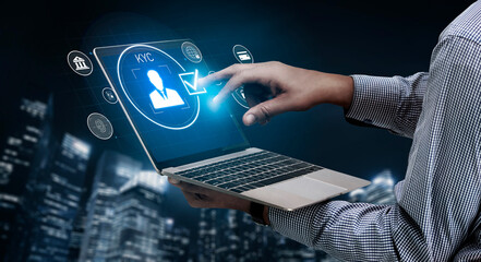 Digital KYC verification with biometric scan, ID authentication, and financial security icons representing identity verification, secure onboarding, fraud prevention, and compliance Vouch