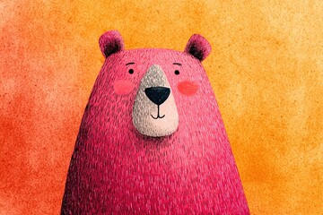 Pink Bear Illustration: A charming, whimsical illustration of a pink bear with a friendly expression. Against a backdrop of warm tones.