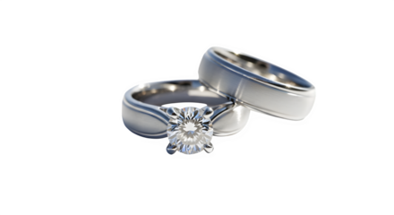 Elegant white gold wedding rings with sparkling marquise cut diamond engagement ring isolated on transparent background