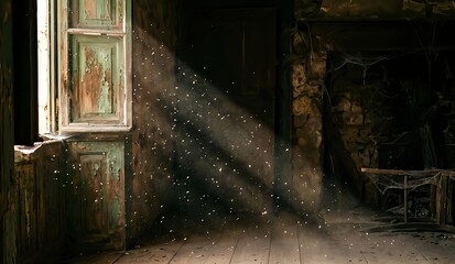 An interior shot of an old, dark room. On the far left is a rustic wooden window frame with peeling paint. A single, intense shaft of morning sunlight streams through the glass