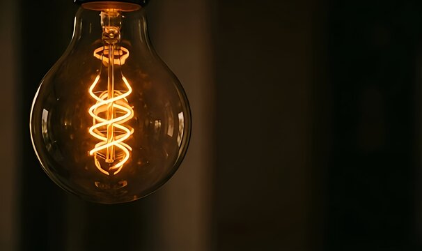 A close-up of a vintage Edison-style lightbulb hanging on the left side of the frame. The focus is strictly on the glowing tungsten filament inside the glass. The intricate spiral of the hot wire