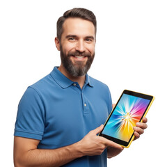 Man holding a tablet with colorful screen isolated on transparent background