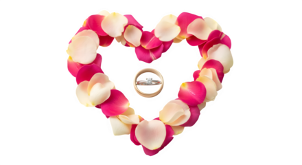 Romantic heart shape made of pink and white rose petals with a wedding ring inside isolated on transparent background