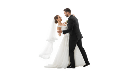 Romantic wedding couple embracing and looking at each other in formal attire isolated on transparent background