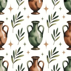 Seamless watercolor pattern of ancient greek amphorae and olive branches on a textured background