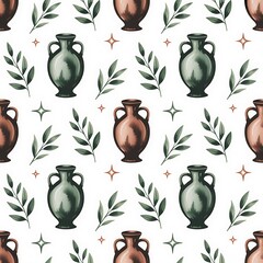 Seamless watercolor pattern of ancient greek amphorae and olive branches on a white background