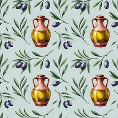 Seamless pattern of olive branches with ripe olives and golden amphorae filled with olive oil