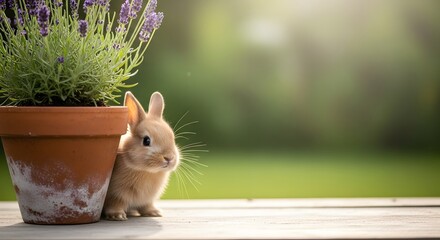 Cute baby rabbit peeking from behind a terracotta pot with lavender in a sunlit garden, representing spring awakening concept and nature's tranquility